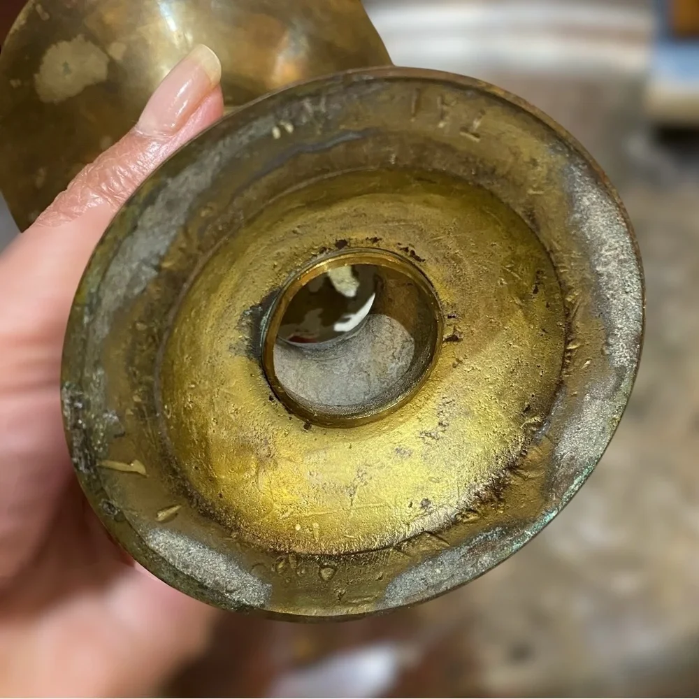 Vintage Solid Brass Open Work Pedestal Candle Holder Spike Plate Pillar